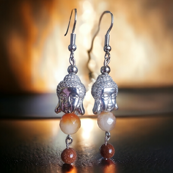 Faceted Carnelian & Goldstone Buddha Handcrafted Earrings - Picture 5 of 8